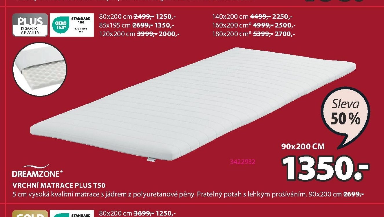 Vrchní matrace PLUS T50