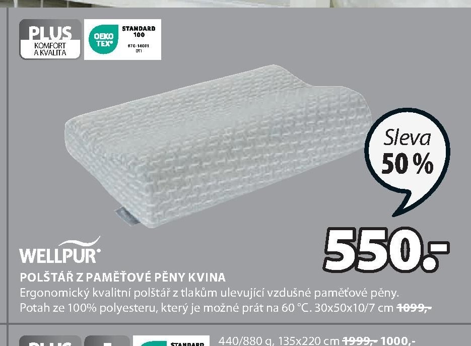 WELLPUR POLŠTÁŘ Z PAMĚŤOVÉ PĚNY KVINA
