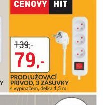 PRODLUŽOVACÍ PŘÍVOD 3 ZÁSUVKY S VYPÍNAČEM