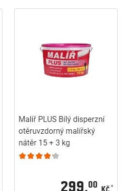 Malíř PLUS Bílý disperzní otěruvzdorný malířský nátěr 15 + 3 kg