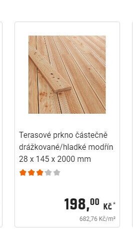 Terasové prkno částečně drážkované/hladké modřín 28 x 145 x 2000 mm
