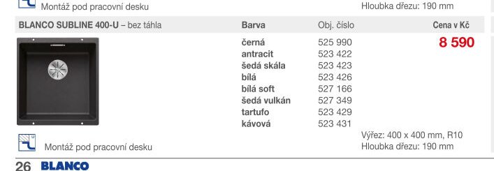 BLANCO SUBLINE 400-U - bez táhla