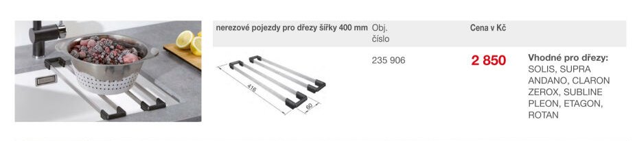 nerezové pojezdy pro dřezy šířky 400 mm