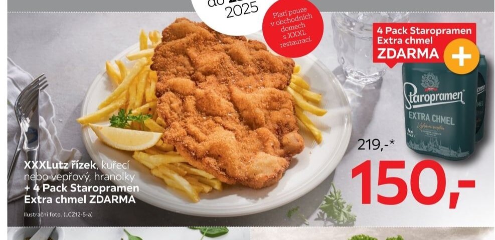 XXXLutz řízek, kuřecí nebo vepřový, hranolky + 4 Pack Staropramen Extra chmel ZDARMA