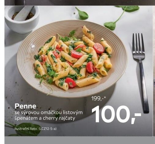 Penne se sýrovou omáčkou listovým špenátem a cherry rajčaty