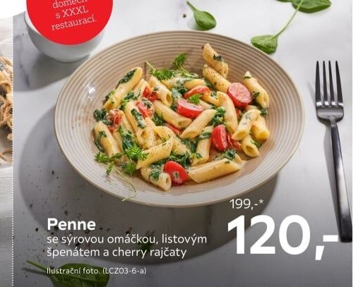 Penne se sýrovou omáčkou, listovým špenátem a cherry rajčaty