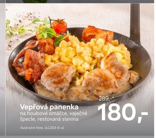 Vepřová panenka na houbové omáčce, vaječné špecle, restovaná slanina