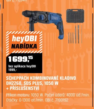 SCHEPPACH KOMBINOVANÉ KLADIVO DH2260, SDS PLUS, 1050 W + PŘÍSLUŠENSTVÍ