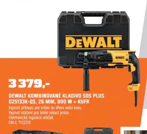 DEWALT KOMBINOVANÉ KLADIVO SDS PLUS D25133K-QS, 26 MM, 800 W + KUFR