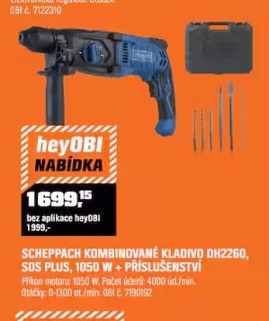 SCHEPPACH KOMBINOVANÉ KLADIVO DH2260, SDS PLUS, 1050 W + PŘÍSLUŠENSTVÍ