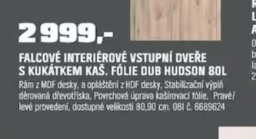 FALCOVÉ INTERIÉROVÉ VSTUPNÍ DVEŘE S KUKÁTKEM KAŠ. FÓLIE DUB HUDSON 80L