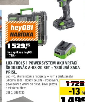 LUX-TOOLS 1 POWERSYSTEM AKU VRTACÍ ŠROUBOVÁK A-BS-20 SET + 78DÍLNÁ SADA PŘÍSL.