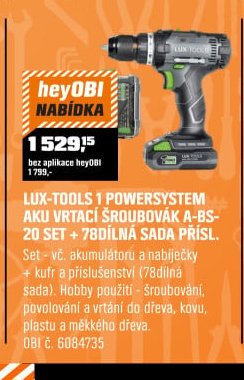 LUX-TOOLS 1 POWERSYSTEM AKU VRTACÍ ŠROUBOVÁK A-BS-20 SET + 78DÍLNÁ SADA PŘÍSL.