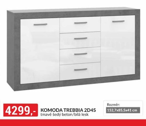 KOMODA TREBBIA 2D4S tmavě šedý beton/bílá lesk