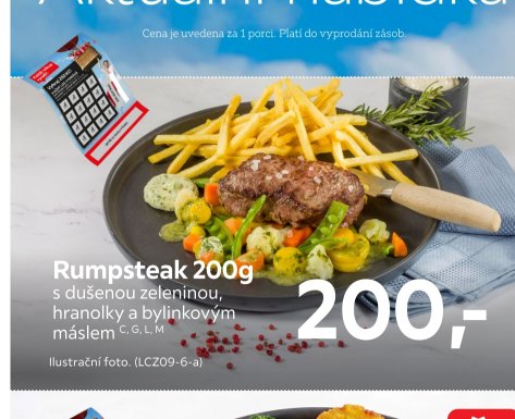 Rumpsteak 200g s dušenou zeleninou, hranolky a bylinkovým máslem