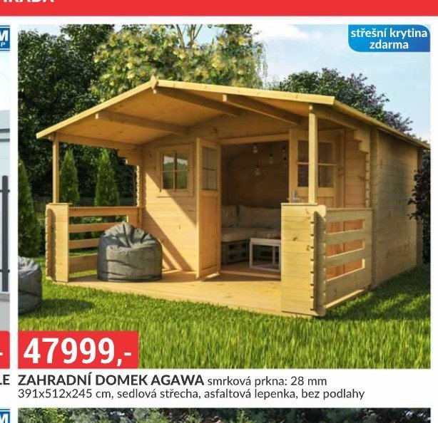 ZAHRADNÍ DOMEK AGAWA smrková prkna: 28 mm 391x512x245 cm, sedlová střecha, asfaltová lepenka, bez podlahy