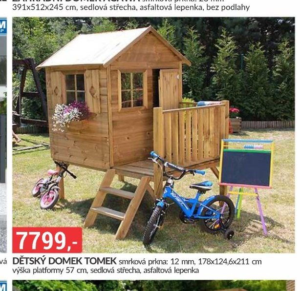 DĚTSKÝ DOMEK TOMEK smrková prkna: 12 mm, 178x124,6x211 cm výška platformy 57 cm, sedlová střecha, asfaltová lepenka