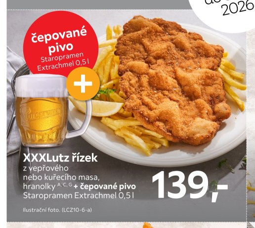 XXXLutz řízek s hranolky a čepované pivo Staropramen Extrachmel 0,5l
